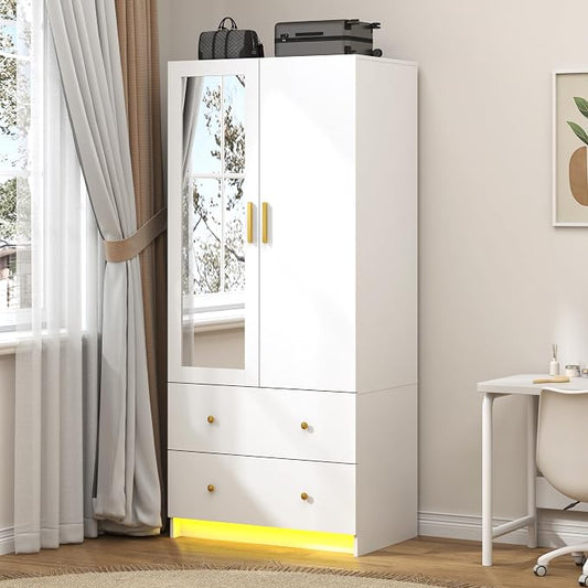 jiteentarou 2 Door Wardrobe Closet with Mirrors and LED Lights, Small Bedroom Armoire with Drawers, Modern Wooden Armoire Wardrobe Closet with Hanging Rod for Bedroom, White