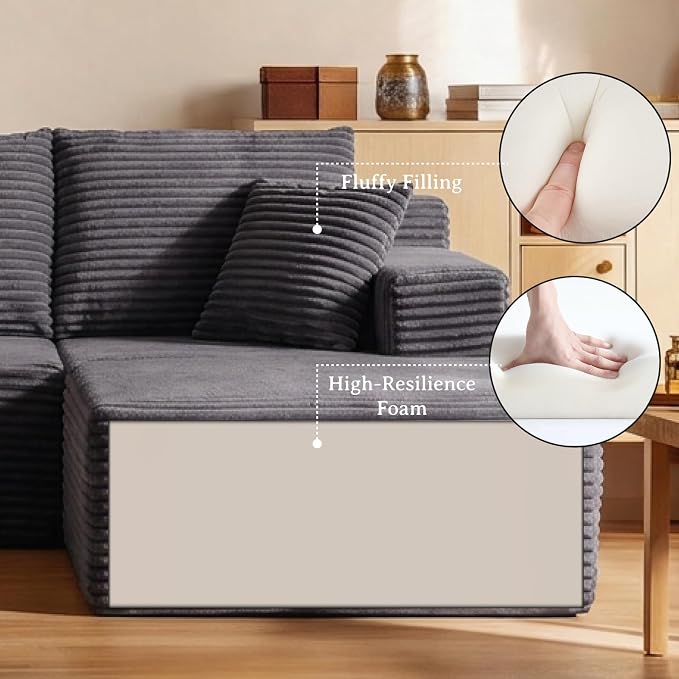 103" Modular Sectional Sofa, Comfort U Shaped Boneless Couch for Living Room, Extra Deep Seats No Assembly, Corduroy (Grey, 3 Seater + 2 Ottomans