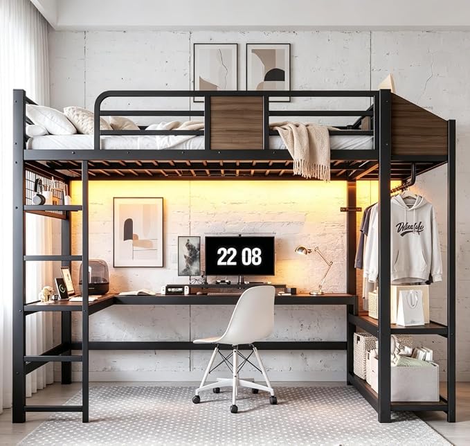 Bellemave Full Size Loft Bed with Desk and USB Ports, Clothes Hanging Rod, LED, Metal Full Loft Bed Frame for Adults, Kids, Teens, Black