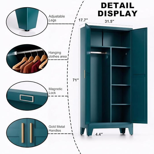 71" H Tall Pantry Cabinet with Doors,Kitchen Pantry Cabinet,Blue Metal Storage Cabinets,Garage Storage Cabinet,Food Storage Cabinet with Doors and Shelves