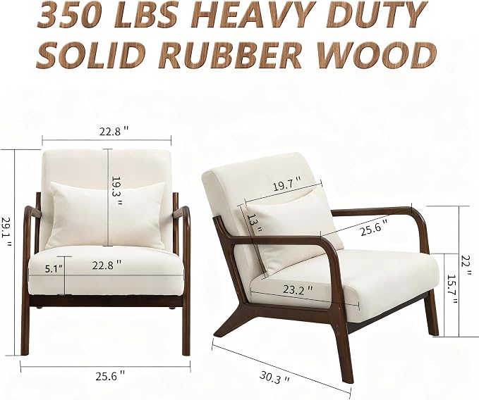 Mid Century Modern Accent Chair - Solid Rubberwood Frame Reading Armchair with Lumbar Pillow - Comfy Linen Lounge Chair for Living Room Bedroom Small Space - Heavy Duty 350lbs