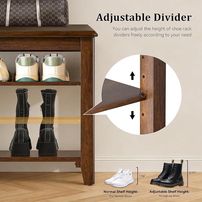 Taitiy Shoe Rack Bench with Rubberwood Flat Top and 3 Adjustable Shelves – Wooden Shoe Rack for Entryway, Hallway, Mudroom, Front Door, or Small Spaces