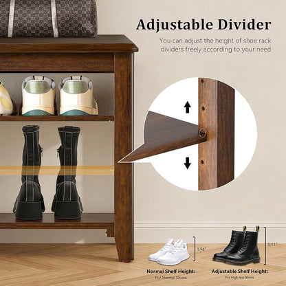 Taitiy Shoe Bench Storage Rubberwood, Entryway Bench with 3-Tiers Height Adjustable, Shoe Rack Front Door Entrance Organizer for Hallway Living Room, Mudrooms, Walnut,39.4"