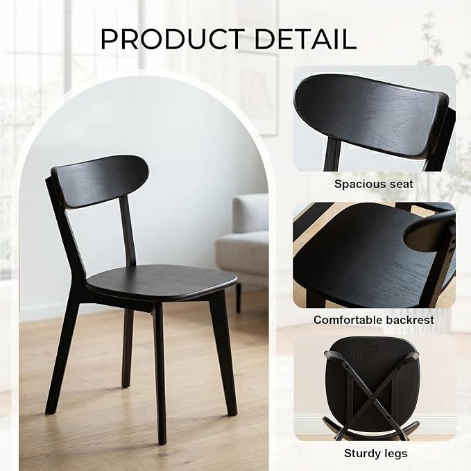 100% Solid Wood Dining Chairs,Mid Century Modern Dining Chairs with Rounded Backrest,Kitchen,Dining Room Chairs Set of 1/2/4 (4, Black Color)