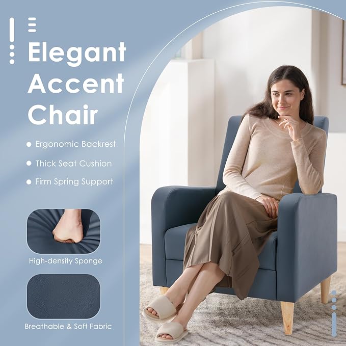 COLAMY Mid-Century Modern Upholstered Accent Chair with Back Pillow & Solid Wood Legs, Leather Cozy Armchair for Living Room, Bedroom, Reading Nook, Apartment & Small Spaces, Blue