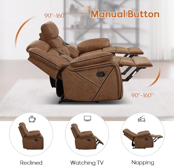 EBELLO Faux Leather Manual Reclining Sofa, 3 Seat Recliner Sofa Chair, Couch Furniture for Living Room, Furniture, Meeting Room, Brown (3 Seat Sofa)