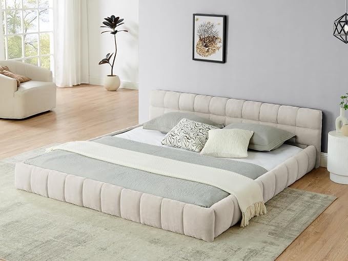 KEIKI King Thick Chenille Platform Bed Frame with Upholstered Tufted Headboard, Modern Solid Wood Floor Platform for Bedroom, No Box Spring Needed