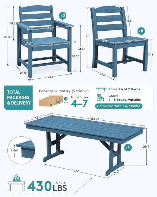 SERWALL 9 Piece 84" HDPE Outdoor Dining Set with 6 Armless Chairs, 2 Armchairs and Umbrella Hole for 8, Blue