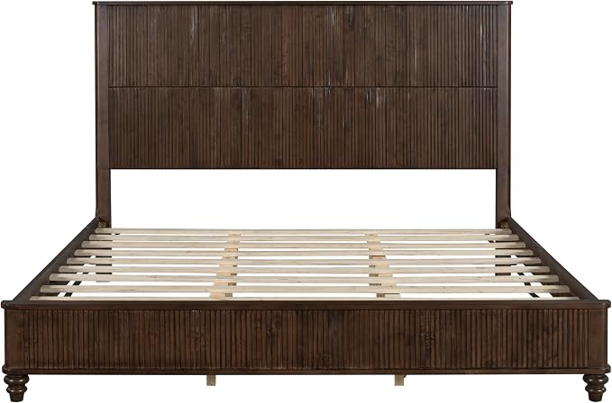 3-Pieces Bedroom Sets, King Size Platform Bed with 2 Nightstands, Solid Wood Platform Bed Frame with Tall Headboard and Classic American Turned Legs (Brown-5.25, King)