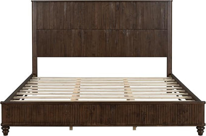 3-Pieces Bedroom Sets, King Size Platform Bed with 2 Nightstands, Solid Wood Platform Bed Frame with Tall Headboard and Classic American Turned Legs (Brown-5.25, King)