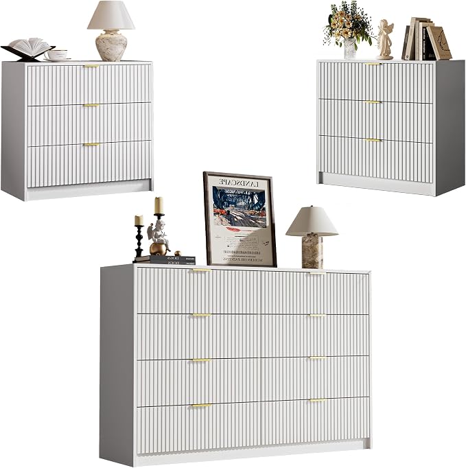 MAISONARIA 3-Piece Dresser Bedroom Set, 8 Drawer Dresser & 3 Drawer Nightstands with Gold Handles, Fluted Wood Chest of Drawers for Bedroom, Living Room, Entryway, White