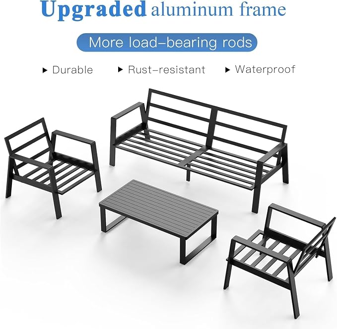 Aluminum Outdoor Patio Furniture Set, 4 Piece Sectional Coversation Sets with Coffee Table, Modern Outdoor Sofa Couch with Thick Cushions for Porch, Balcony, Garden (Black/Blue)