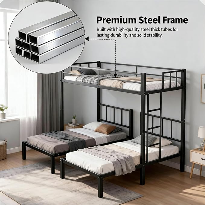 Mixcous Triple Bunk Bed Twin XL Over Twin & Twin, Heavy Duty Metal Bed Convertible to 3 Beds for Teens & Adults, Bunk Bed Frame with Adjustable Ladder, Noise-Free, Ideal for Space-Saving Needs, Black | Converts to 3 beds