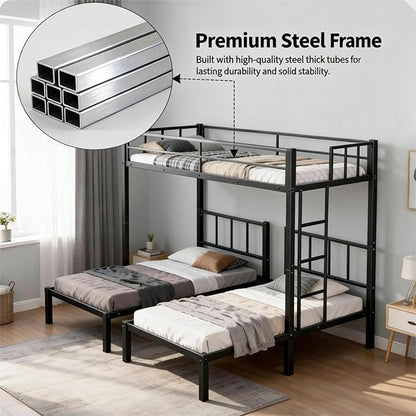 Mixcous Triple Bunk Bed Twin XL Over Twin & Twin, Heavy Duty Metal Bed Convertible to 3 Beds for Teens & Adults, Bunk Bed Frame with Adjustable Ladder, Noise-Free, Ideal for Space-Saving Needs, Black | Converts to 3 beds