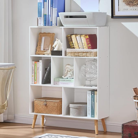 LEYAOYAO Cube Bookshelf 3 Tier Mid-Century White Modern Bookcase with Legs,Retro Wood Bookshelves Storage Organizer Shelf,Freestanding Open Book Shelves for Bedroom,Living Room,Office