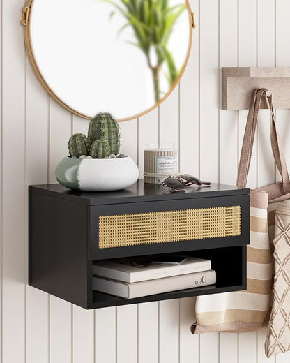 Floating Nightstand With Drawer - Small Modern Shelves for Bedroom, Bathroom (Black Rattan)