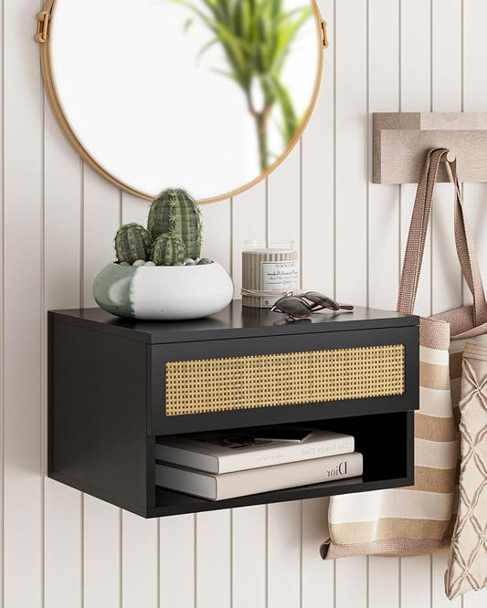 Floating Nightstand With Drawer - Small Modern Shelves for Bedroom, Bathroom (Black Rattan)