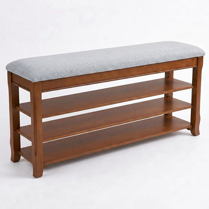 Solid Wood Shoe Bench, 47.2'' Shoe Rack for Entryway Storage | 550 lbs Max Load, Flip-Top Soft-Close Lid, Adjustable Shelves, Cushioned Entryway Shoe Rack Organizer, Tool-free Assembly
