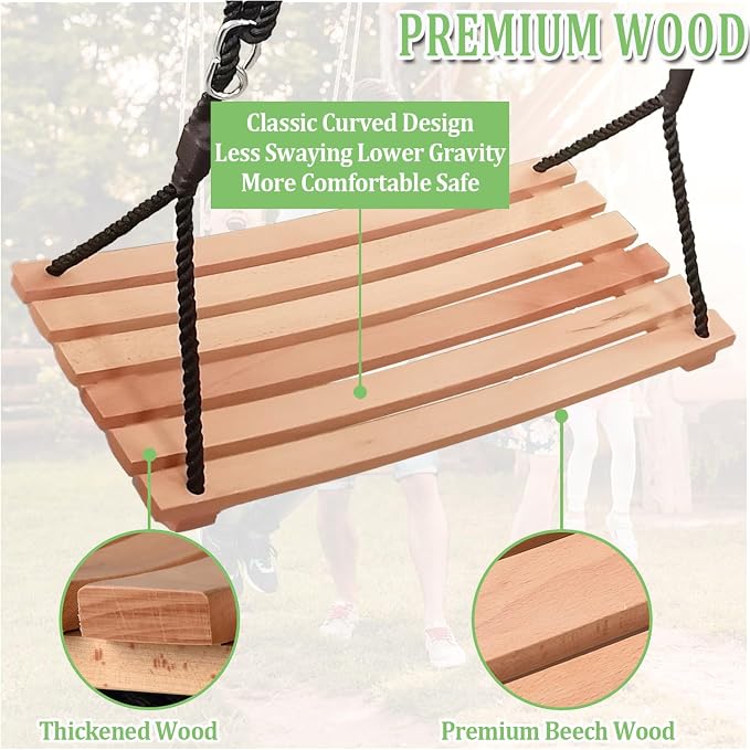 Taeku Adult Tree Swing, Hanging Beech Wood Swings with Adjustable Rope Garden Chair Seat Swing for Indoor Outdoor (26''x12'')