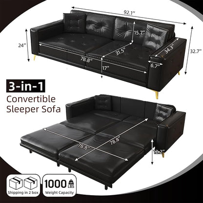 92.1'' King Pull out Sofa Bed, Convertible Futon Couch, 3-in-1 Faux Leather Sleeper Sofa with Tufted Back, 2 Pillows, Gold Legs, Deep Folding Loveseat Couches for Living Room, Apartment, Black