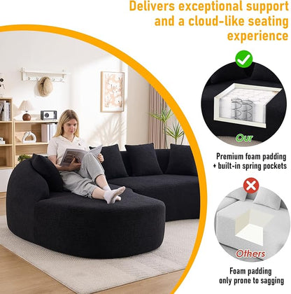 106.3" Curved Sofa with L-Shape Chaise,Modern Luxury Chenille 4-Seater Sofa,Curved Cloud Couch with 4 Throw Pillows for Living Room, Apartment (Black)
