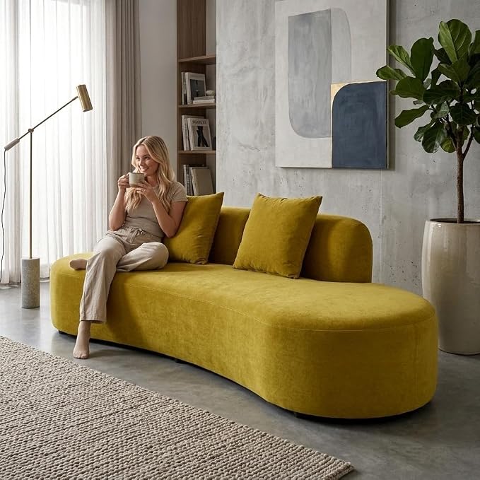 Container Furniture Direct 90" Curved Sofa with Throw Pillows, 4 Seater Luxury Velvet Couch with Half Moon Design and High-Density Foam, for Modern Living Room, Office & Apartment, Olive Green