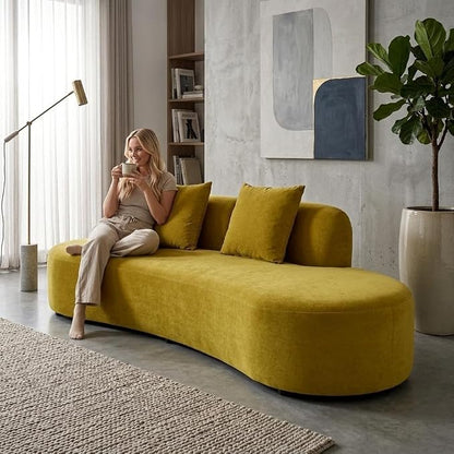 Container Furniture Direct 90" Curved Sofa with Throw Pillows, 4 Seater Luxury Velvet Couch with Half Moon Design and High-Density Foam, for Modern Living Room, Office & Apartment, Olive Green