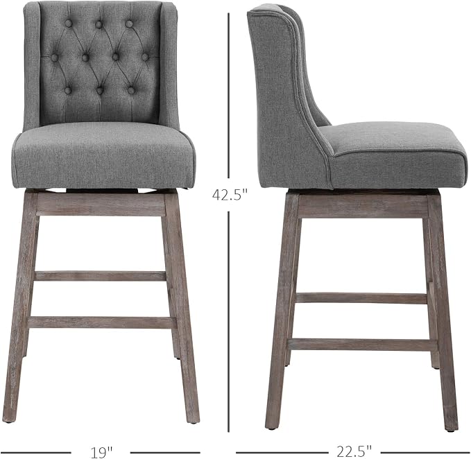 HOMCOM Bar Height Bar Stools Set of 2, 180 Degree Swivel Barstools with Solid Wood Footrests and Button Tufted Design, 30" Seat Height Bar Chairs for Kitchen Island, Gray