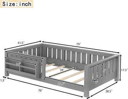 Bellemave Twin Size Floor Bed with high Rails and with Built-in Bookshelf for Kids, Girls, Boys, Wood Montessori Floor Bed Without Door, Gray