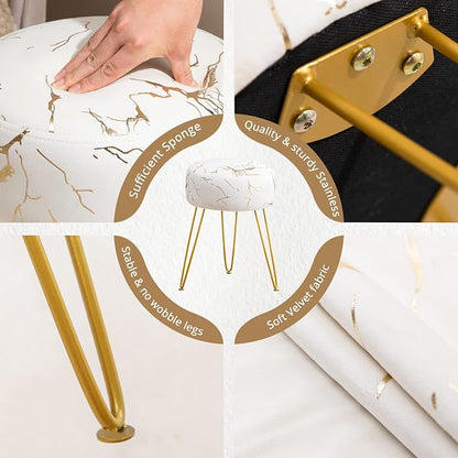 LUE BONA Vanity Stool, Gold Vanity Stools for Makeup Room, Round Ottoman Foot Stool, Velvet Footrest Vanity Chair for Bathroom Vanity, Bedroom, Living Room, Entryway, Offices, 300lbs