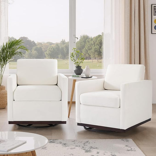 360° Swivel Accent Chairs Set of 2, 31" Wide Upholstered Club Armchairs for Living Room, Comfy Square Swivel Barrel Chair with Metal Base, Chenille Fabric, Beige