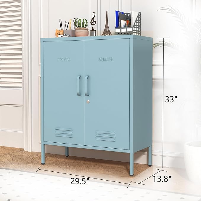 Multipurpose Accent Cabinet Locker, Metal Storage Cabinet with 2 Adjustable Shelves, Heavy Duty & Lockable Organizer Made of Thickened Steel, Easy Assembly for Home, Entryway, Blue