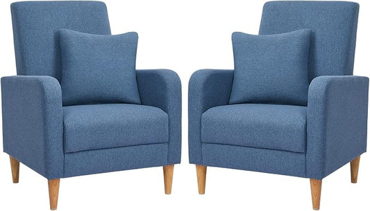 COLAMY Mid-Century Modern Upholstered Accent Chair with Back Pillow & Solid Wood Legs, Fabric Cozy Armchair for Living Room, Bedroom, Reading Nook, Apartment & Small Spaces, Blue