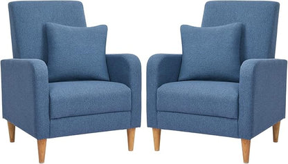 COLAMY Mid-Century Modern Upholstered Accent Chair with Back Pillow & Solid Wood Legs, Fabric Cozy Armchair for Living Room, Bedroom, Reading Nook, Apartment & Small Spaces, Blue