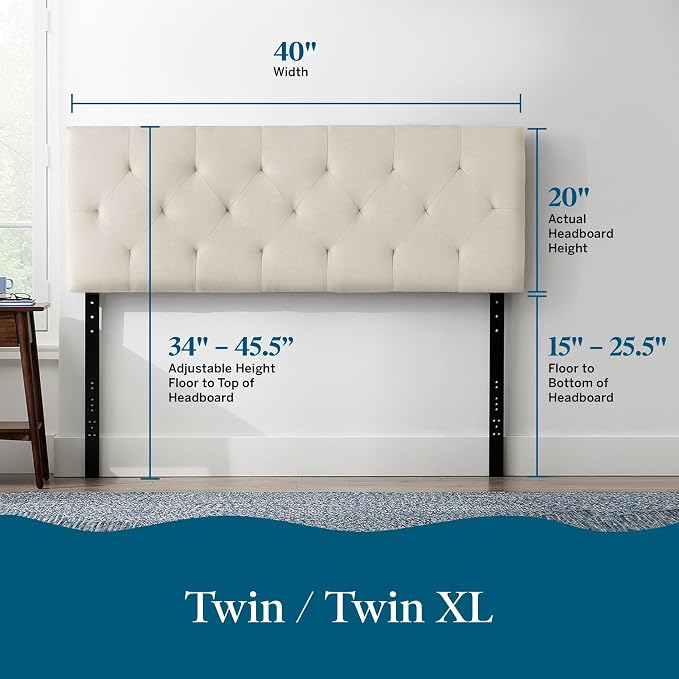Lucid Mid-Rise Upholstered Headboard - Diamond Tufted - Padded Polyester - Adjustable Height from 34” to 46” - Easy Assembly - Bed Frame or Wall Mount - Sturdy - Pearl - Twin / Twin XL Size