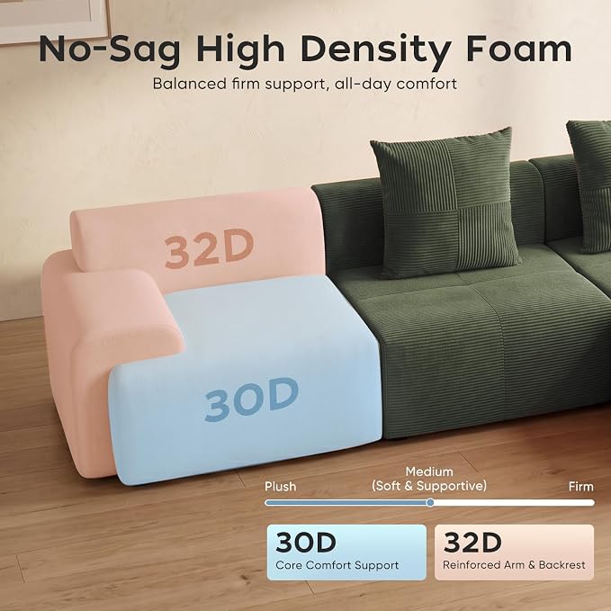 118" Sectional Boneless Oversize Modular Couches, Curved Cloud Sectional Sofa for Living Room, Corduroy L Shape Deep Seat Sofa with Ottoman & 3 Throw Pillows, No Assembly Required,Green