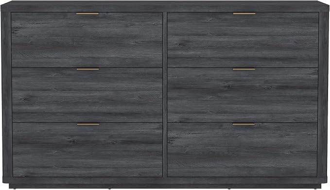 Manhattan Comfort Evelyn 60" Wide Modern Wood Dresser with 6 Drawers, Premium Storage Drawers with Rounded Edges and Brushed Gold Handles, Versatile Home Furniture, Charcoal Gray