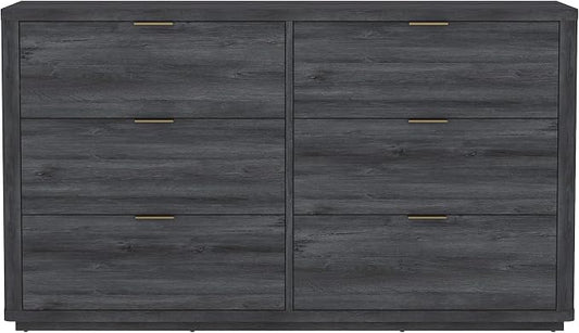 Manhattan Comfort Evelyn 60" Wide Modern Wood Dresser with 6 Drawers, Premium Storage Drawers with Rounded Edges and Brushed Gold Handles, Versatile Home Furniture, Charcoal Gray