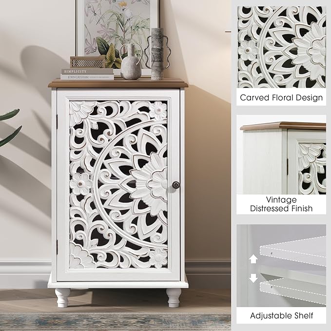 JOINICE Accent Storage Cabinet with Mandala Carved Doors,Small,White | Handcrafted Distressed Carvings,Vintage Floral Design for living room & office & bedroom,Solid Wood Legs,Adjustable Shelves