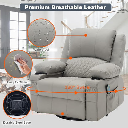 Faux Leather Recliner Chair with Heat and Massage Cup Holder, Overstuffed Swivel Rocker Recliner Chair Rocking Glider Chair Lounge Chair, Light Grey