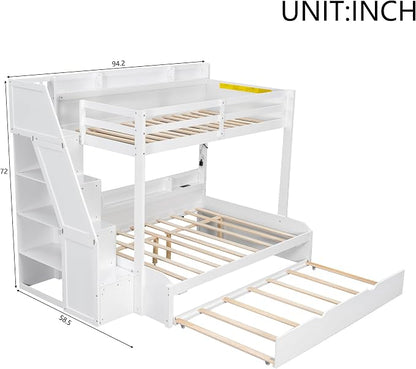 RUNNA Twin Over Full Bunk Bed with Trundle,Storage Stairs,USB,White | Twin over full bunk bed with trundle, storage stairs, shelves, USB, solid pine wood, guardrails, no box spring needed