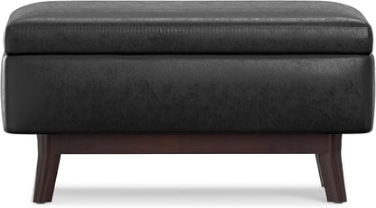 SIMPLIHOME Owen Small Rectangular Storage Ottoman - 36 inch Wide Upholstered Vegan Leather Lift-Top Ottoman in Distressed Black, Mid-Century Modern Ottoman for Living Room with Tufted Detail