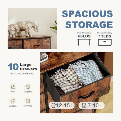 DUMOS 10 Drawer Dresser for Bedroom, Storage Organizer Chest of Drawers | Wide Fabric Closet Organizer Tower Furniture with Wooden Top Metal Frame, Dorm, Brown