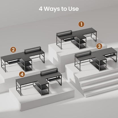SEDETA 94.5" Gaming Computer Desk, 2 Person Office Desk with Storage, LED Lights, Power Strip, Long Desks with Keyboard Tray & Monitor Stand for Home Office, Carbon Fiber Black
