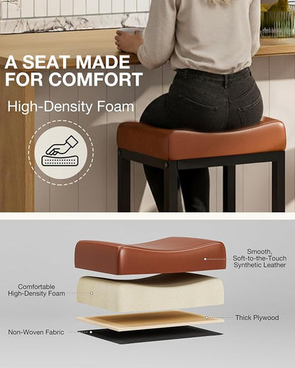 Bar Stools Set of 3-24 Inch Counter Height Chairs for Kitchen Island, Leather Seat with 400 LBS Heavy-Duty Metal Frame and Adjustable Feet, Easy to Assemble for Bar, Café or Dining Room,Brown