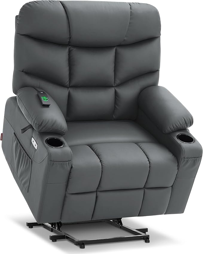 MCombo Oversized Power Lift Recliner Chair with Extended Footrest, Extra Wide for Big and Tall Elderly People, Faux Leather R7289 (Dark Grey, Medium-Wide)