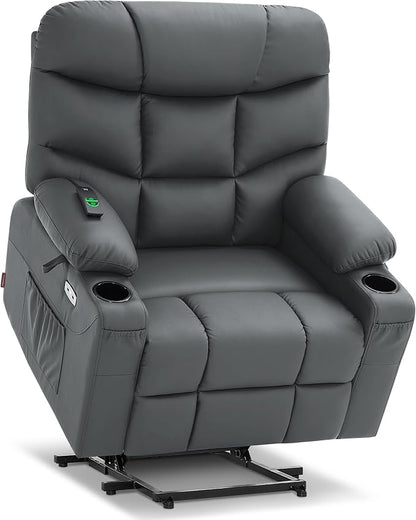 MCombo Oversized Power Lift Recliner Chair with Extended Footrest, Extra Wide for Big and Tall Elderly People, Faux Leather R7289 (Dark Grey, Medium-Wide)