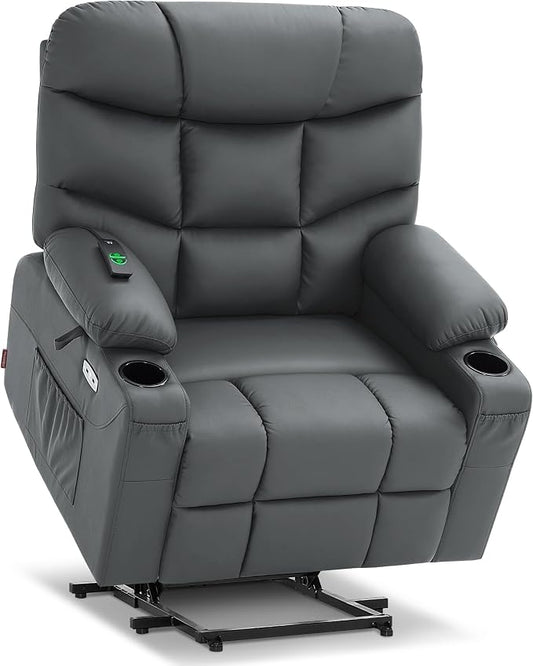 MCombo Oversized Power Lift Recliner Chair with Extended Footrest, Extra Wide for Big and Tall Elderly People, Faux Leather R7289 (Dark Grey, Medium-Wide)