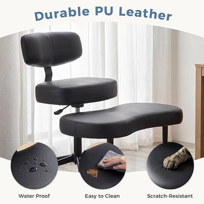 DUMOS Ergonomic ADHD Cross Legged Office Desk Chair with Adjustable Backrest, Height Adjustable Meditation Chair with 360° Swivel Footstool, PU Leather Yoga Stool for Home Office, Black