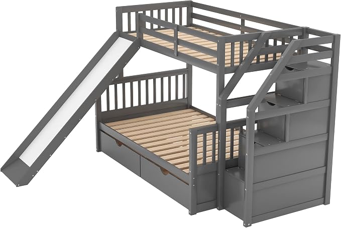 SOFTSEA Twin Over Full Bunk Bed with Storage Drawers Solid Wood Bunk Bed with Stairs and Safety Guardrail